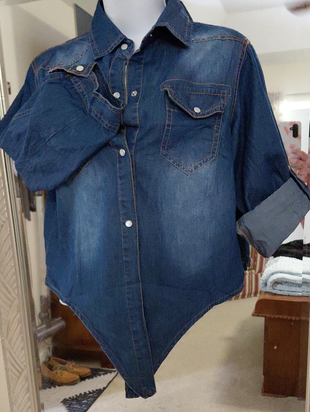 Dark Wash Distressed Denim Button-Up Shirt with Tie Close Pointed Hem